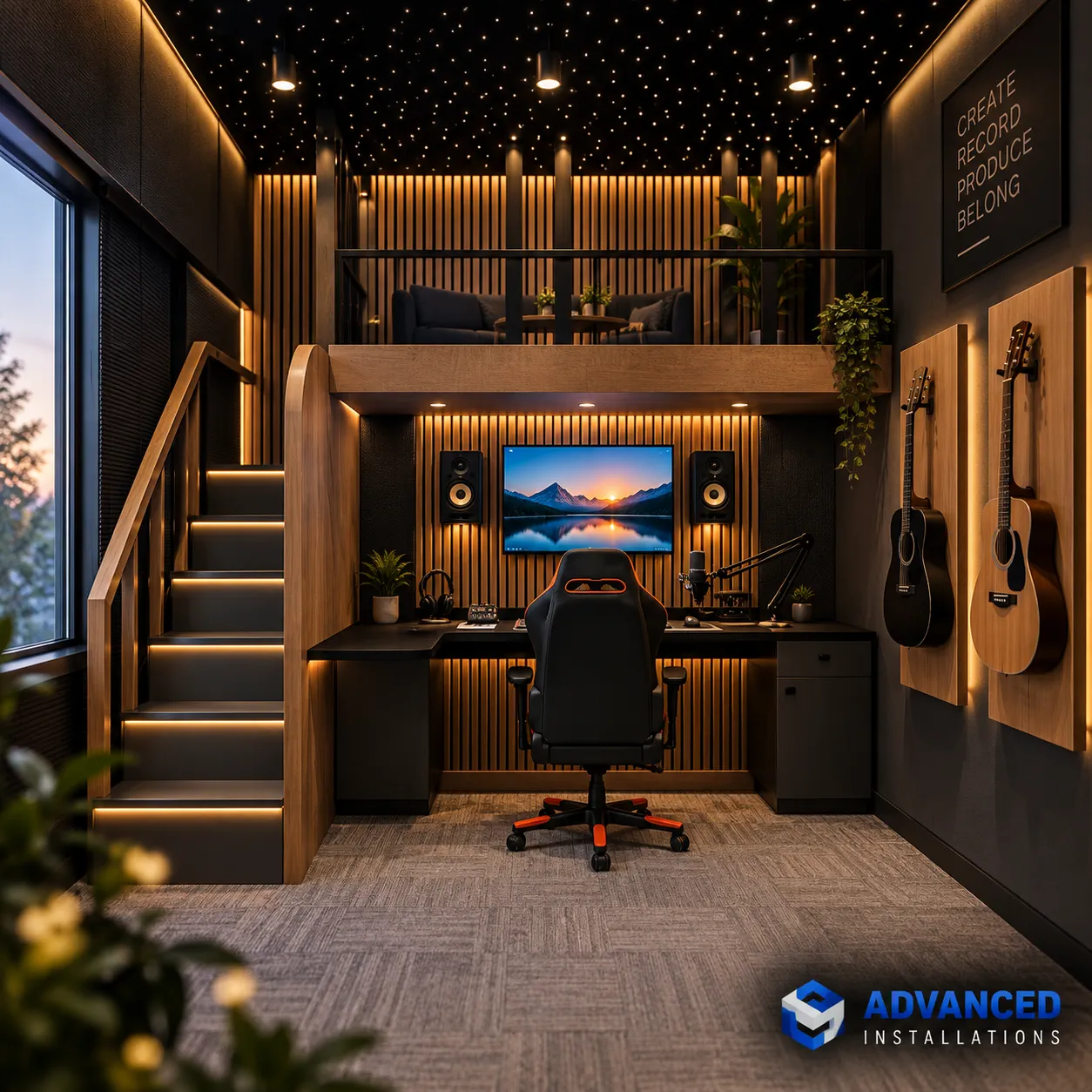 Music production studio integrated into a compact loft