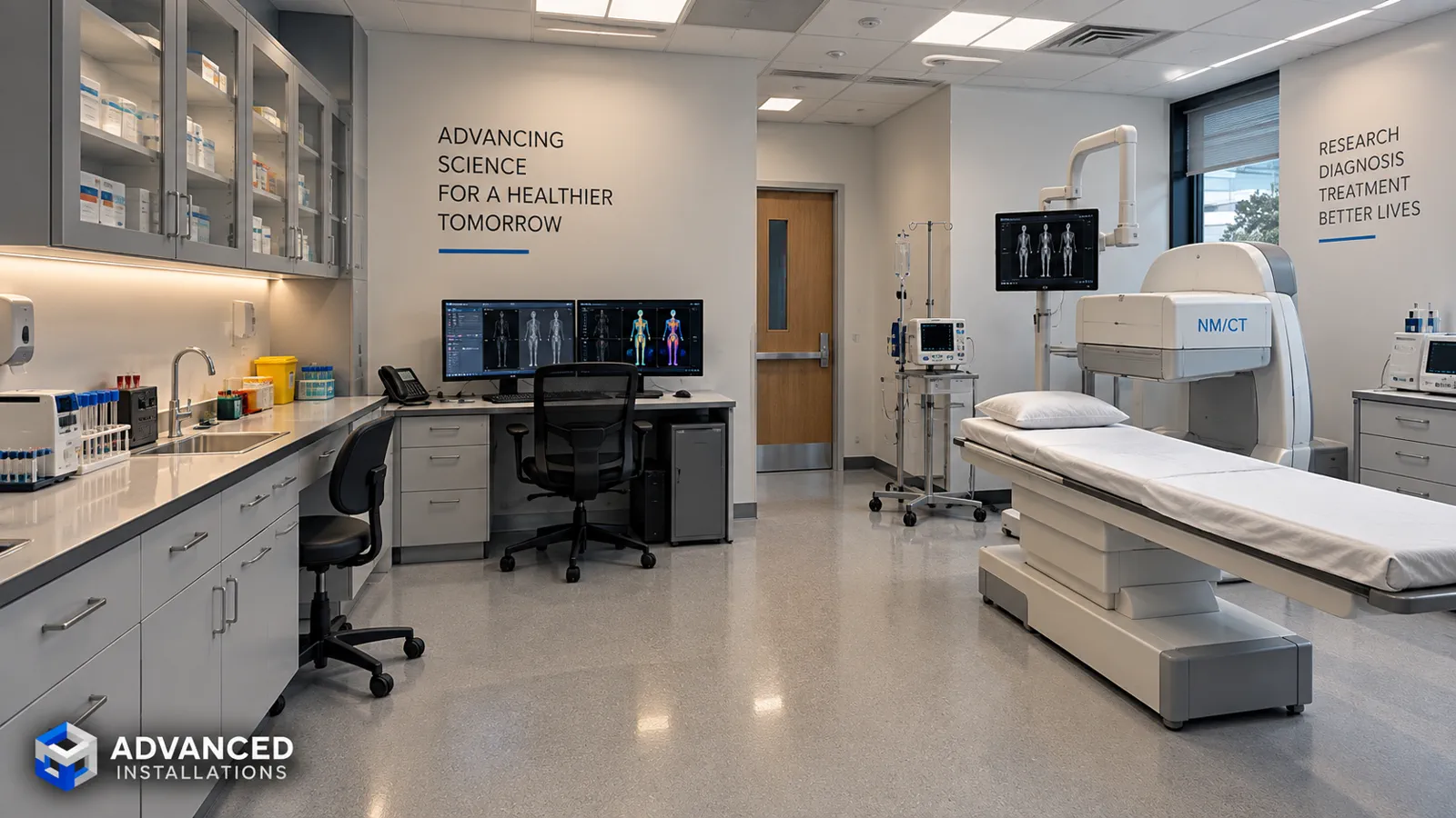 Healthcare research workspace with technical equipment