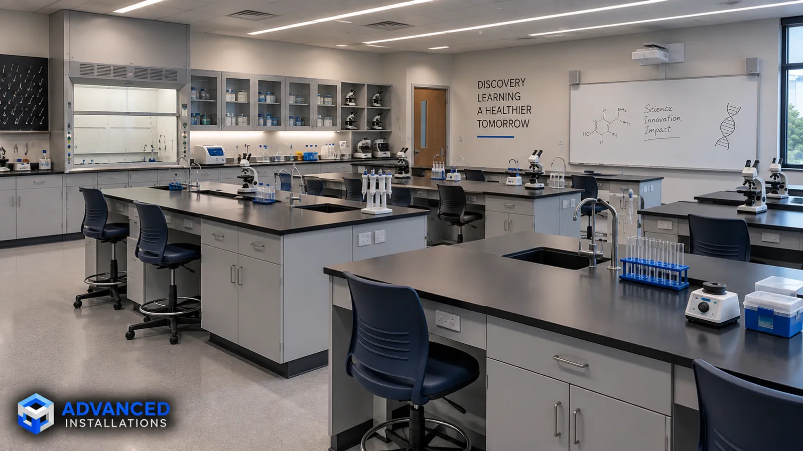 Installed laboratory benches, storage, seating, and equipment work areas