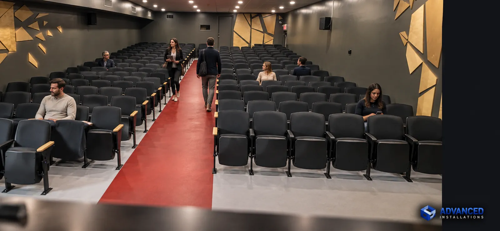 Modern auditorium with a central red aisle