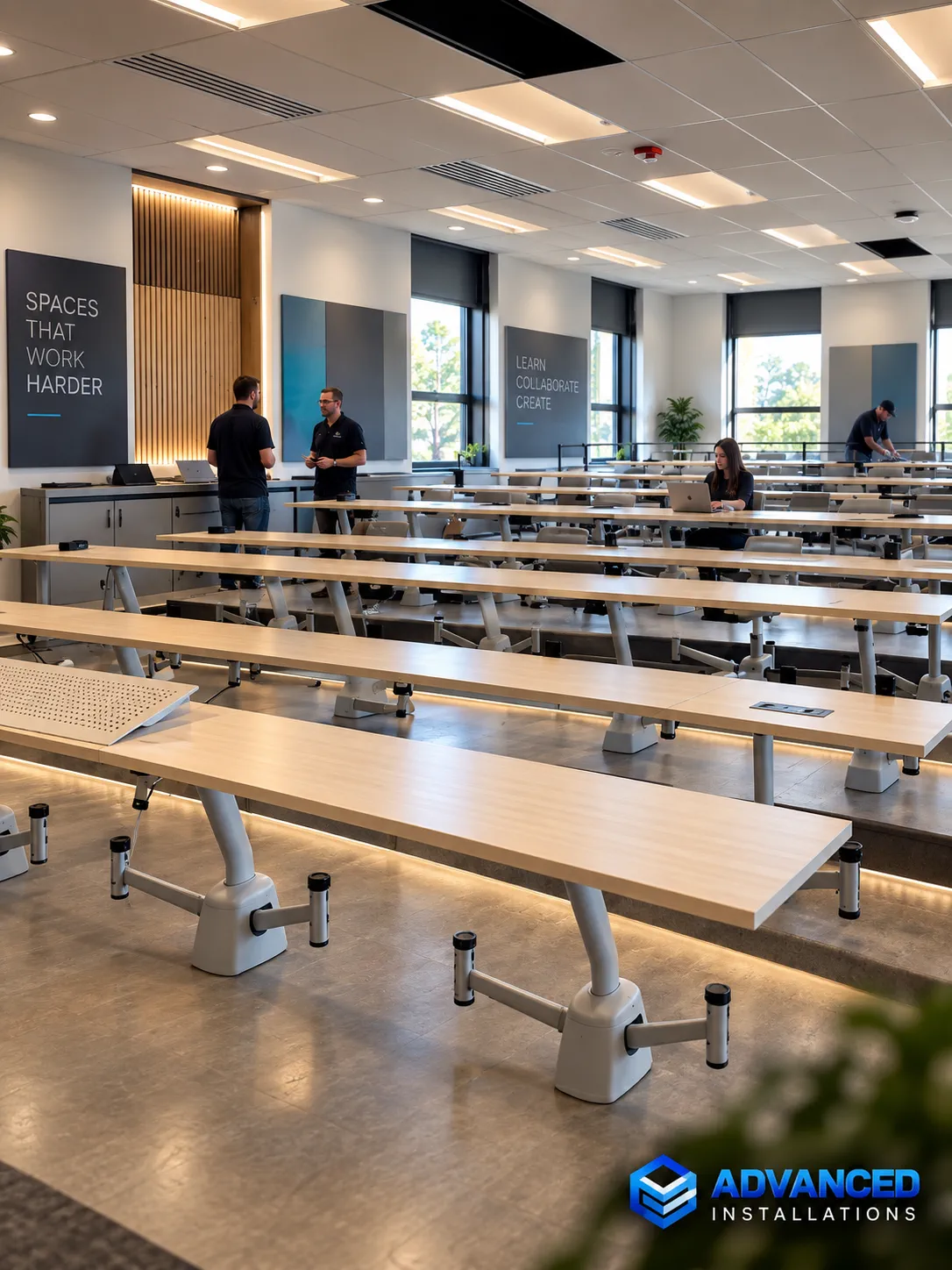 Modern classroom installation with tiered desks and integrated power