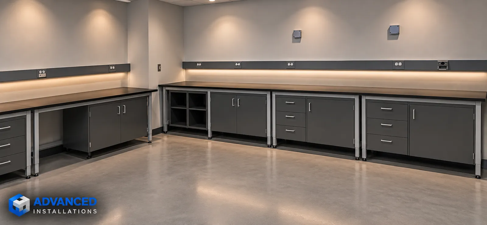 Finished laboratory workspace with technical counters and storage