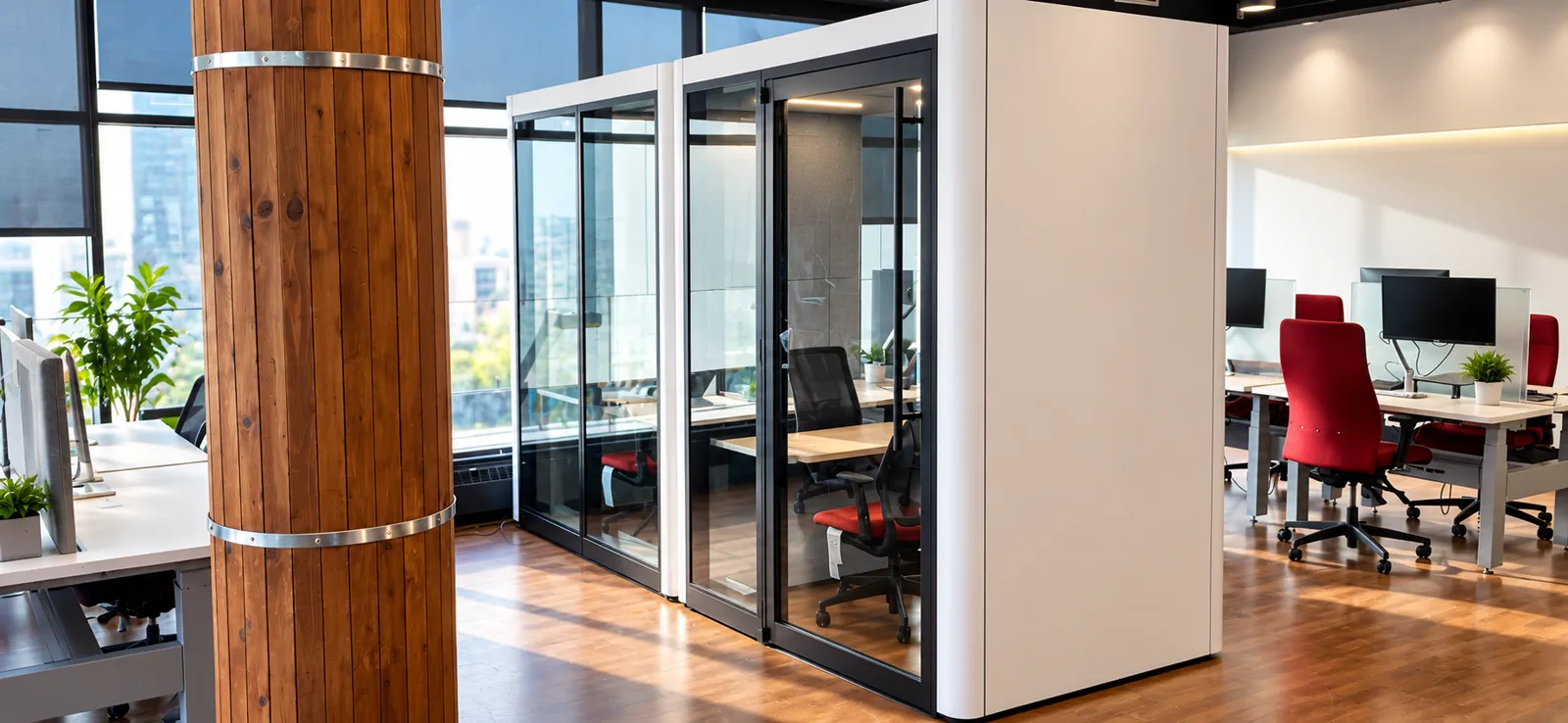 Glass meeting pods installed in a modern open office
