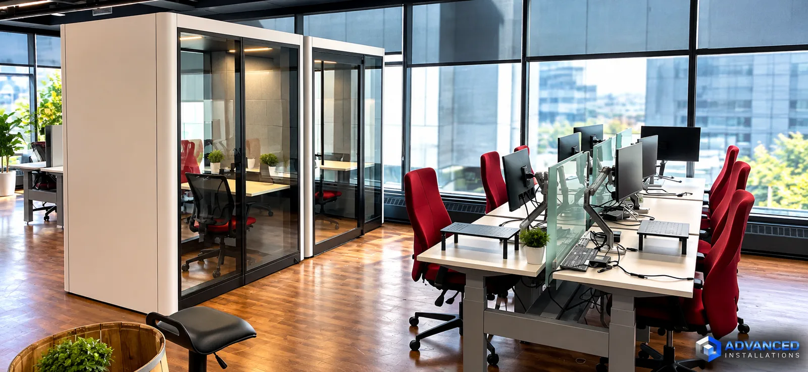 Modern office with glass focus booths, workstations, and red task chairs