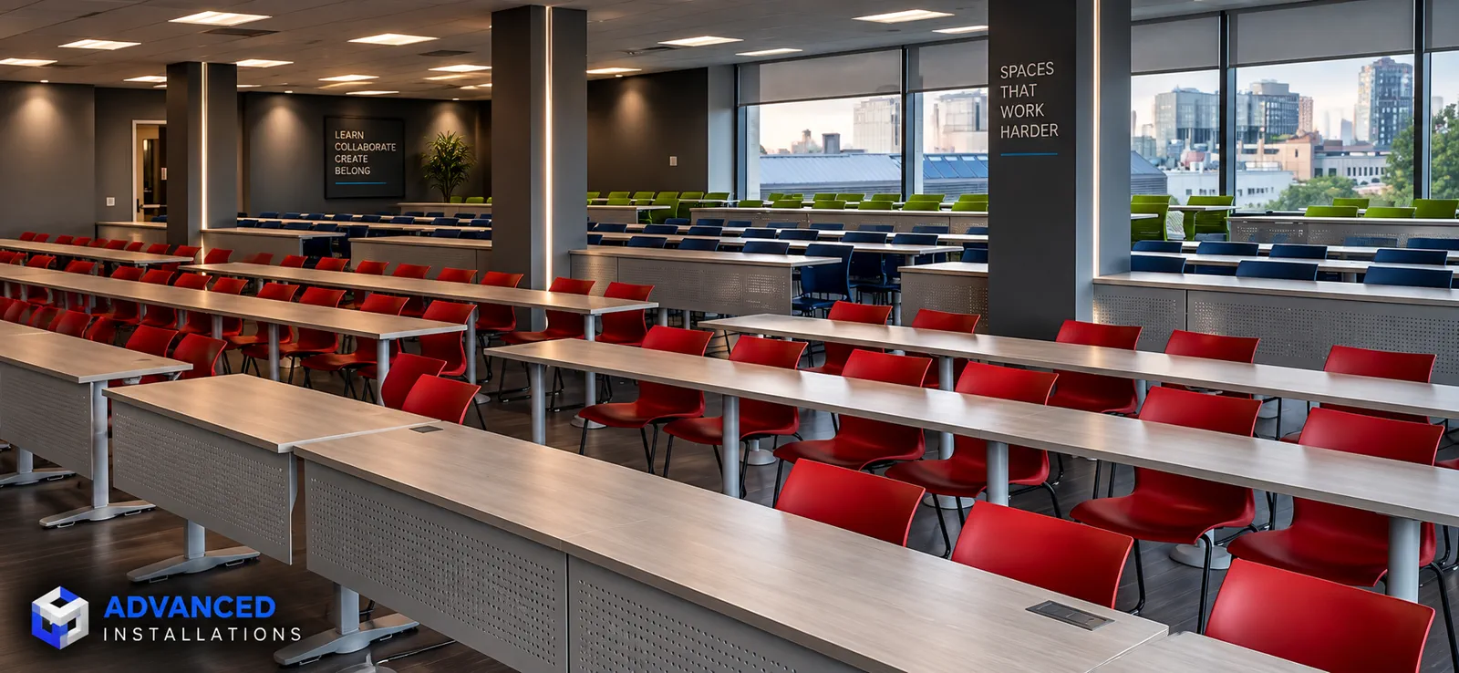 Tiered classroom with red seating and city views